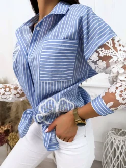 Niebiesko-Biała Koszula z Ozdobnymi Rękawami 12087-289-A|Modna Kiecka Fashion