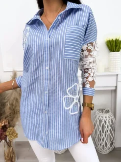 Niebiesko-Biała Koszula z Ozdobnymi Rękawami 12087-289-A|Modna Kiecka Fashion