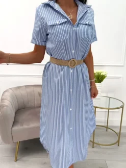 Niebiesko-Biała Sukienka w Paski 13976-415-A|Modna Kiecka Fashion