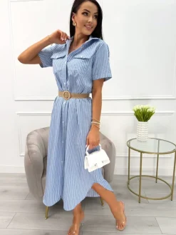 Niebiesko-Biała Sukienka w Paski 13976-415-A|Modna Kiecka Fashion