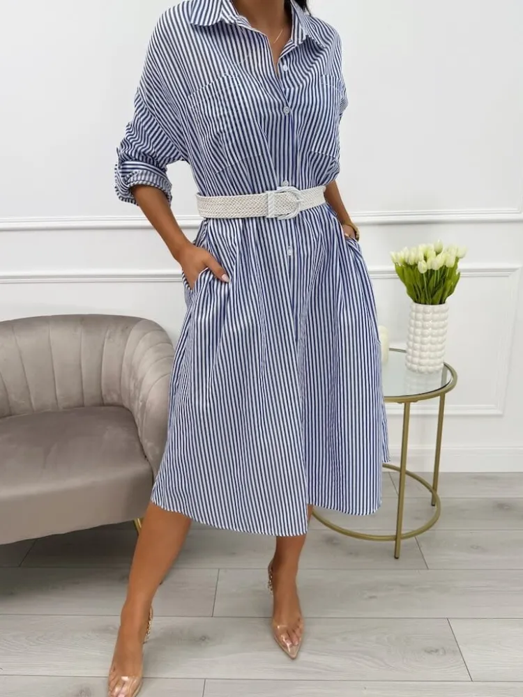 Niebiesko-Biała Sukienka z Paskiem 13621-85-B|Modna Kiecka Hot