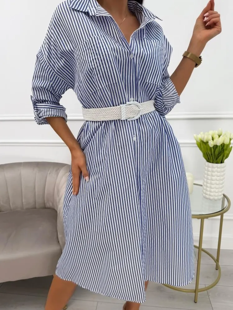 Niebiesko-Biała Sukienka z Paskiem 13621-85-B|Modna Kiecka Hot