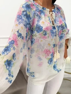 Niebiesko-Kremowa Bluzka Hiszpanka z Motywem Kwiatowym 13744-105-B|Modna Kiecka Outlet