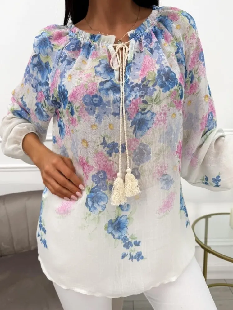 Niebiesko-Kremowa Bluzka Hiszpanka z Motywem Kwiatowym 13744-105-B|Modna Kiecka Outlet