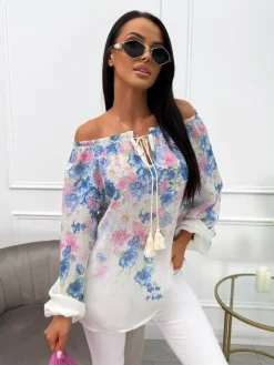 Niebiesko-Kremowa Bluzka Hiszpanka z Motywem Kwiatowym 13744-105-B|Modna Kiecka Outlet