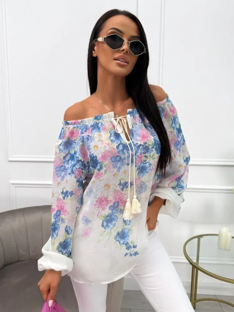 Niebiesko-Kremowa Bluzka Hiszpanka z Motywem Kwiatowym 13744-105-B|Modna Kiecka Outlet