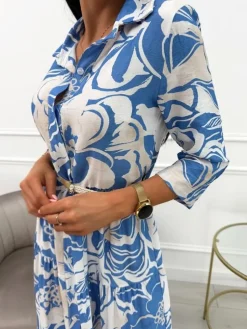 Niebiesko-Kremowa Sukienka Maxi ze Wzorem 13901-167-B|Modna Kiecka Outlet