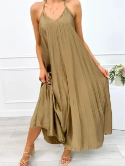 Oliwkowa Plisowana Sukienka Maxi 12585-75-B|Modna Kiecka New
