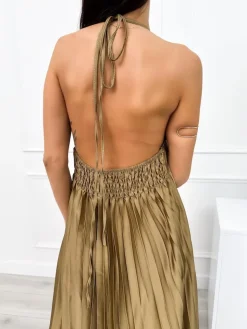 Oliwkowa Plisowana Sukienka Maxi 12585-75-B|Modna Kiecka New