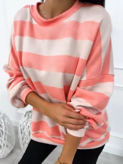 Łososiowo-Beżowy Sweterek w Pasy 12807-12-B|Modna Kiecka Sale