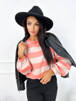 Łososiowo-Beżowy Sweterek w Pasy 12807-12-B|Modna Kiecka Sale