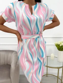Pastelowa Wzorzysta Sukienka z Paskiem 13811-170-Q|Modna Kiecka Outlet