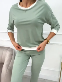 Pistacjowy Komplet Bluzka+Spodnie 13592-173-E|Modna Kiecka Sale