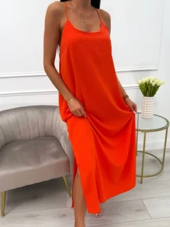 Pomarańczowa Sukienka Maxi na Ramiączkach 13880-143-G|Modna Kiecka Outlet