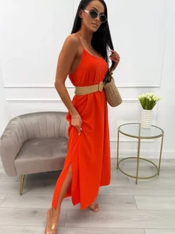 Pomarańczowa Sukienka Maxi na Ramiączkach 13880-143-G|Modna Kiecka Outlet