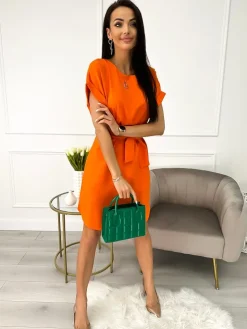 Pomarańczowa Sukienka z Paskiem 10004-129-B|Modna Kiecka Discount