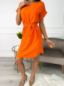 Pomarańczowa Sukienka z Paskiem 10004-129-B|Modna Kiecka Discount