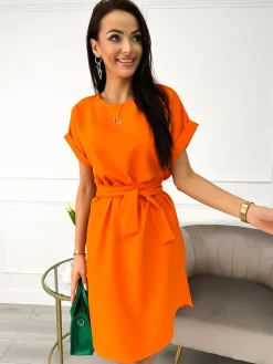Pomarańczowa Sukienka z Paskiem 10004-129-B|Modna Kiecka Discount