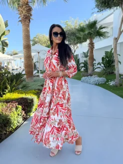 Pomarańczowo-Beżowa Sukienka Maxi w Roślinny Wzór 13900-418-C|Modna Kiecka Outlet