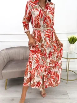 Pomarańczowo-Beżowa Sukienka Maxi w Roślinny Wzór  13900-418-C|Modna Kiecka Outlet
