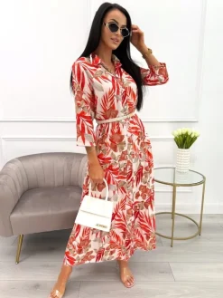 Pomarańczowo-Beżowa Sukienka Maxi w Roślinny Wzór  13900-418-C|Modna Kiecka Outlet
