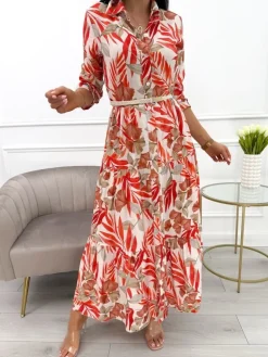 Pomarańczowo-Beżowa Sukienka Maxi w Roślinny Wzór  13900-418-C|Modna Kiecka Outlet