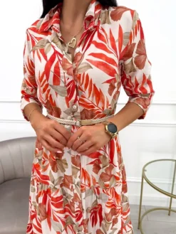 Pomarańczowo-Beżowa Sukienka Maxi w Roślinny Wzór  13900-418-C|Modna Kiecka Outlet