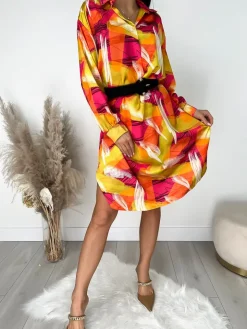 Pomarańczowo-Różowo-Zielona Sukienka Oversize 9488-159-C|Modna Kiecka Best