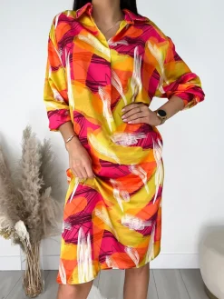 Pomarańczowo-Różowo-Zielona Sukienka Oversize 9488-159-C|Modna Kiecka Best