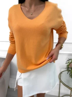 Pomarańczowy Sweterek z Dekoltem V 13538-235-H|Modna Kiecka Best