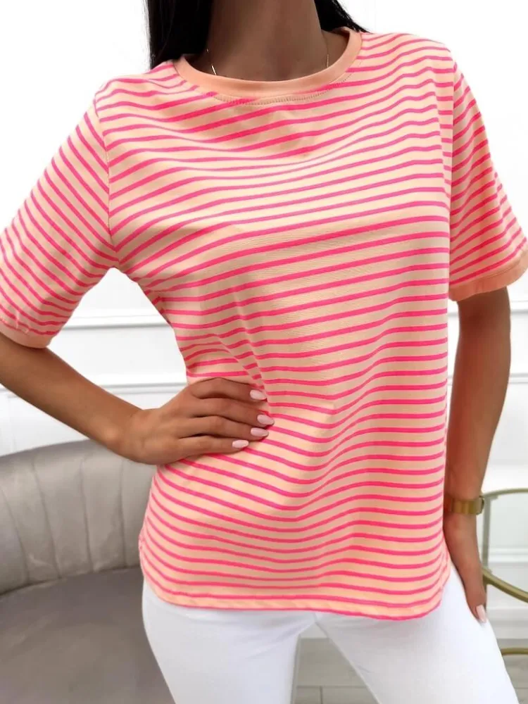 Pomarańczowy T-shirt w Paski 13764-152-A|Modna Kiecka Best