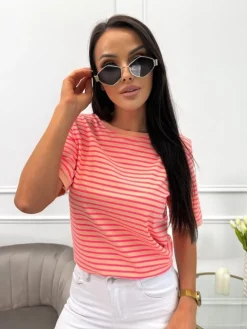 Pomarańczowy T-shirt w Paski 13764-152-A|Modna Kiecka Best