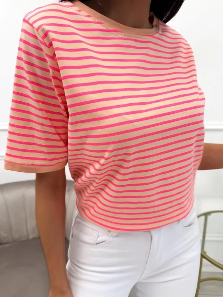Pomarańczowy T-shirt w Paski 13764-152-A|Modna Kiecka Best