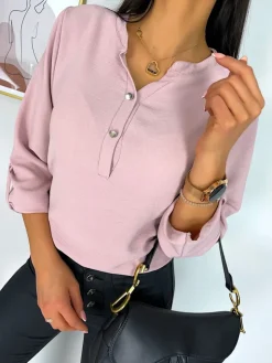 Pudrowa Bluzka z Guziczkami 11369-502-E|Modna Kiecka Hot