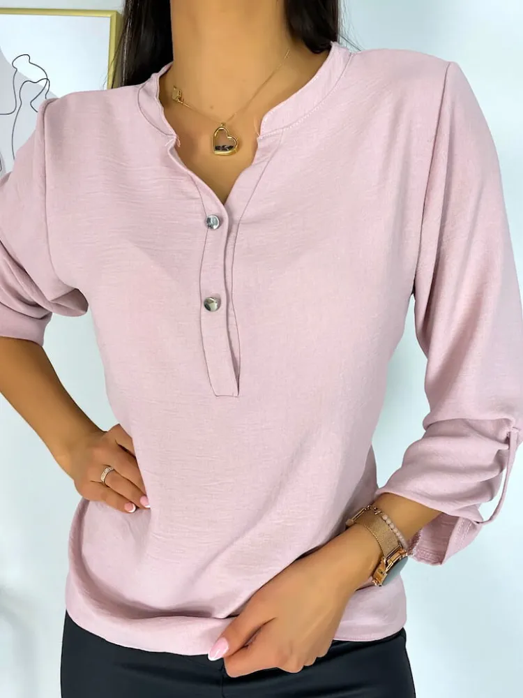 Pudrowa Bluzka z Guziczkami 11369-502-E|Modna Kiecka Hot
