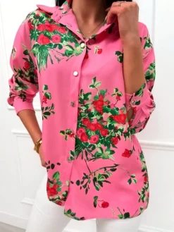 Pudrowa Koszula z Motywem Roślinnym 13462-405-B|Modna Kiecka Outlet