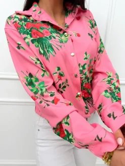 Pudrowa Koszula z Motywem Roślinnym 13462-405-B|Modna Kiecka Outlet