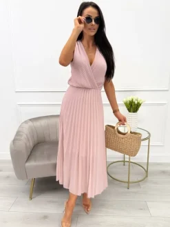 Pudrowa Plisowana Sukienka z Kopertowym Dekoltem 13869-500-D|Modna Kiecka Fashion