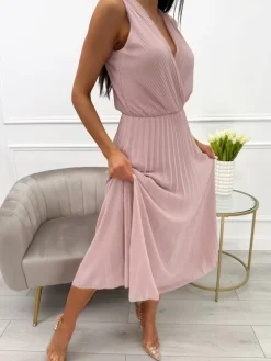Pudrowa Plisowana Sukienka z Kopertowym Dekoltem  13869-500-D|Modna Kiecka Fashion
