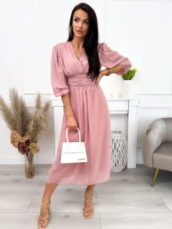 Pudrowa Sukienka 12155-95-C|Modna Kiecka Outlet