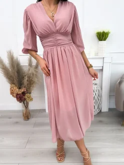 Pudrowa Sukienka 12155-95-C|Modna Kiecka Outlet