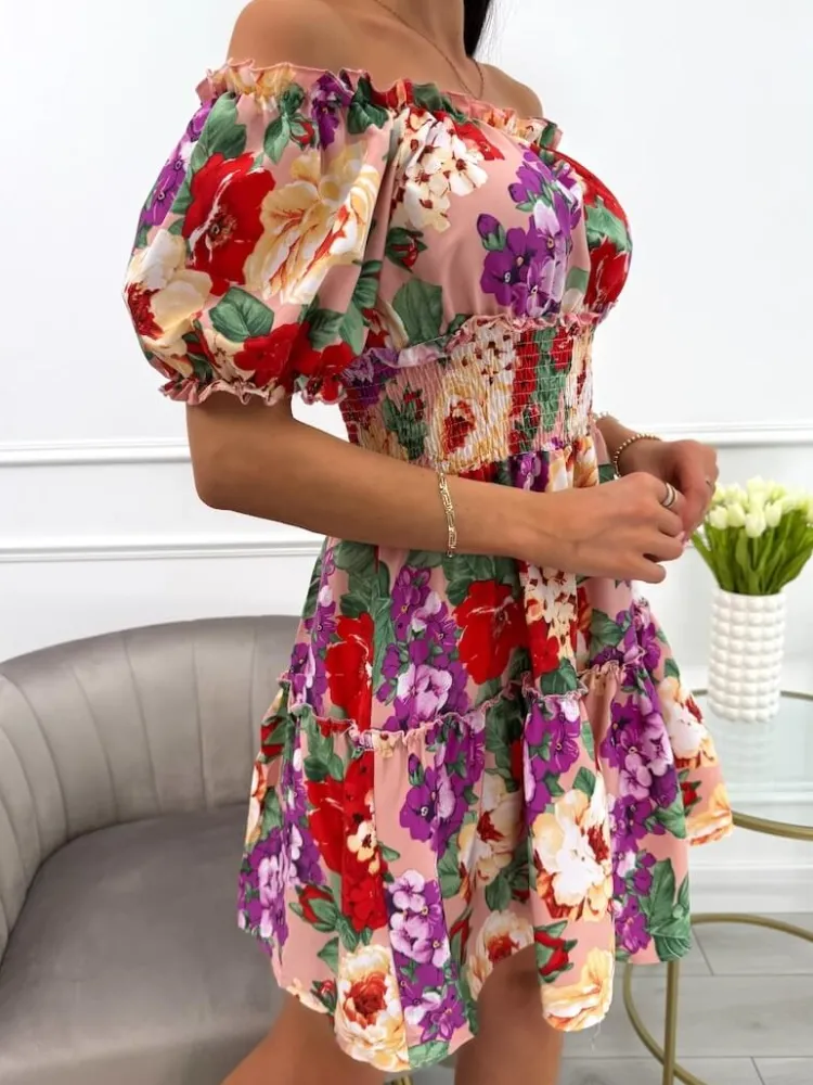 Pudrowa Sukienka Hiszpanka w Kwiaty 13923-287-C|Modna Kiecka Clearance
