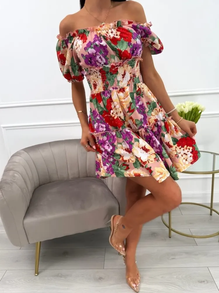 Pudrowa Sukienka Hiszpanka w Kwiaty 13923-287-C|Modna Kiecka Clearance