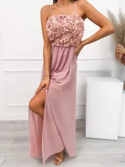Pudrowa Sukienka Maxi na Ramiączkach z Ozdobami 12603-216-B|Modna Kiecka Sale
