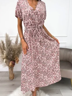 Pudrowa Sukienka Maxi w Kwiaty 12412-83-B|Modna Kiecka Clearance