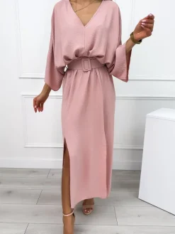Pudrowa Sukienka Maxi z Rozcięciami i Paskiem 12508-518-B|Modna Kiecka Online
