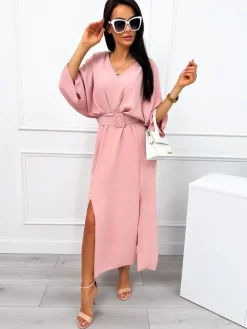 Pudrowa Sukienka Maxi z Rozcięciami i Paskiem 12508-518-B|Modna Kiecka Online
