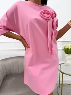 Pudrowa Sukienka Oversize z Ozdobami 13931-19-C|Modna Kiecka Clearance