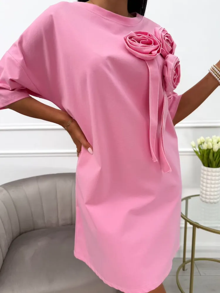 Pudrowa Sukienka Oversize z Ozdobami 13931-19-C|Modna Kiecka Clearance