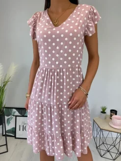 Pudrowa Sukienka w Grochy 11736-354-B|Modna Kiecka Sale